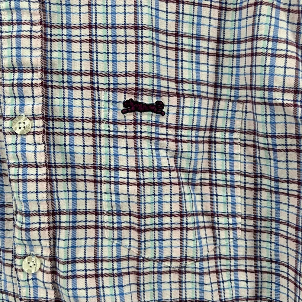 Le Tigre Men’s Long Sleeve Plaid Flannel Shirt Sz L Logo Blue Pink‎ Preppy Soft